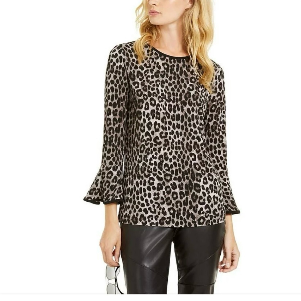 Michael Kors Black Leopard Long Sleeve Leopard Top with Flare Sleeve / Sz Medium